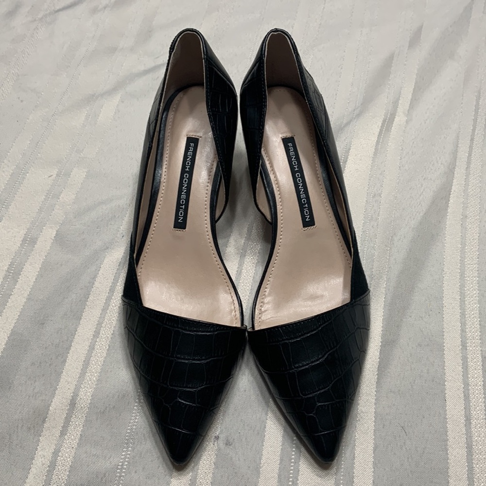 French Connection Black Croc-Embossed Pointed Toe Heels
